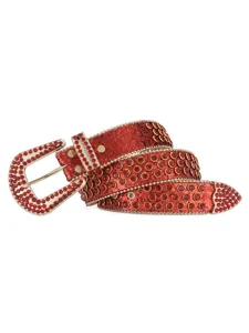 Red rhinestone western belt with sparkly finish and metal buckle for women fashion style.