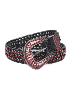 Detailed close-up of the black leather western rhinestone belt buckle and crystal studded strap.