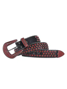Rhinestone leather belt detail, sparkling red crystals on black strap with metal buckle.