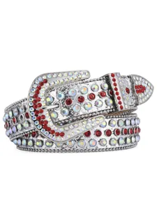 Close-up details of luxury rhinestone crystal studded western leather belt with sparkly design.