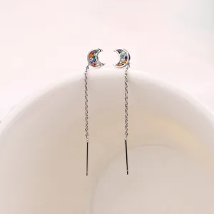 Silver crescent moon ear threaders featuring vibrant colorful cubic zirconia crystals