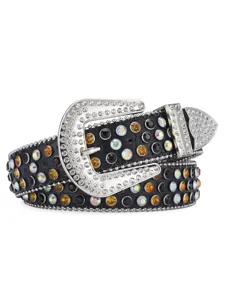 Detail shot of black leather rhinestone studded belt with ornate crystal buckle and sparkling gems.