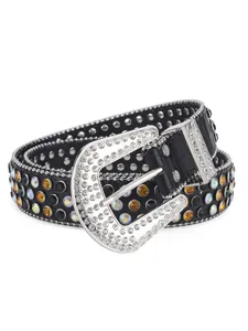Classic western rhinestone belt detail, sparkling crystals and metal studs on black leather.