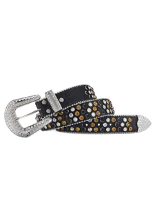Rhinestone studded western leather belt detail, sparkling crystals and ornate metal buckle.