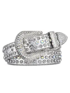 Close-up of sparkling rhinestone studded wide western fashion belt with glitter leather detail.