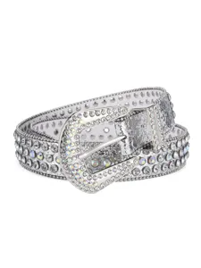 Detailed shot of sparkling rhinestone-encrusted western belt with glitter finish and shiny buckle.