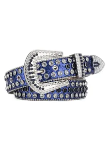 Luxury rhinestone studded western leather belt with sparkling blue glitter and heavy metal buckle.