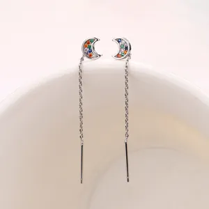 Elegant silver crescent moon threader earrings featuring colorful zirconia gemstones set in studs.