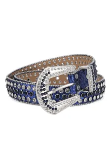 Close up detail of blue glitter rhinestone crystal embellished western fashion leather belt.