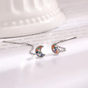 Dainty silver crescent moon ear threader earrings with vibrant colorful zircon stones