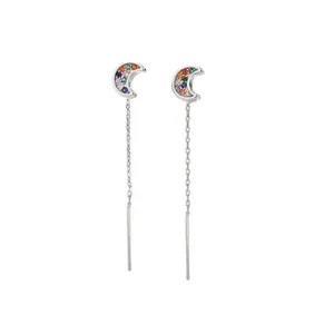 Minimalist silver moon threader earrings with colorful zircon crescent moon studs for women
