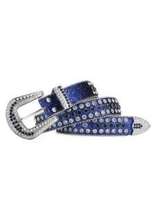 Detailed closeup view of the sparkling blue rhinestone studded western punk leather belt.