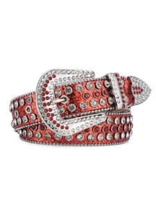 Red rhinestone studded western belt detail, sparkly glitter leather with silver metal buckle.