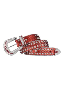 Red rhinestone glitter punk wide belt close-up, sparkle crystal studded leather accessory.