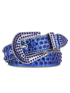 Blue rhinestone studded leather belt sparkly western cowgirl waist belt stunning detail shot