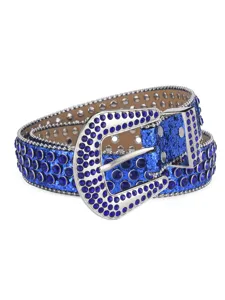 Blue rhinestone western belt detail showing sparkling crystals and ornate metal buckle design.
