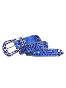 Blue rhinestone studded punk belt with metal buckle, sparkly leather waist accessory for fashion.