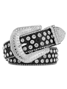 Close-up detail of luxury rhinestone studded black leather western belt with crystals.