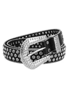 Rhinestone studded black leather western belt with sparkling crystal buckle and metal rivets.
