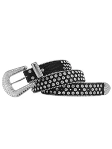 Luxury rhinestone studded leather belt black western crystal bling wide waist belt for women