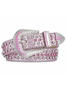 Rhinestone encrusted pink leather western belt detail featuring sparkling crystals and buckle.