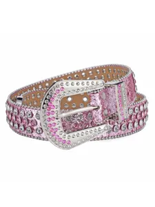 Close-up detail of the pink rhinestone studded leather belt showing sparkling crystals and buckle.