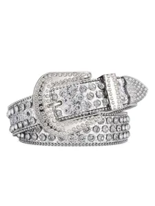 Sparkly rhinestone encrusted western belt detail with metallic crystal buckle and studs.