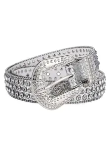 Sparkly rhinestone studded western punk belt, silver glitter wide leather belt for women.