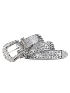 Detail shot of a sparkling rhinestone studded punk style wide belt with glitter finish.
