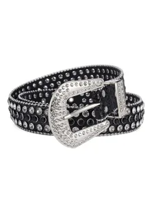 Fashion rhinestone western punk wide belt with sparkling crystals and silver buckle for women.