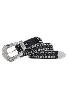Detailed close-up view of black rhinestone studded western belt with ornate silver buckle.