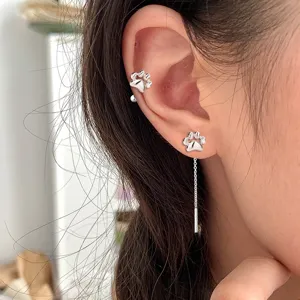 Boucles d'Oreilles Chaîne de Patte de Chat Style Japonais Kawaii Empreinte d'Animal en Cuivre Plaqué Platine pour Femmes Bijoux