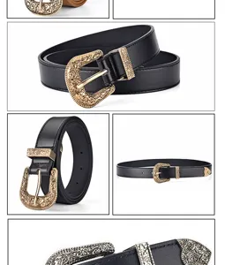 Detailed view of vintage black leather belt with ornate gold three-piece buckle set.