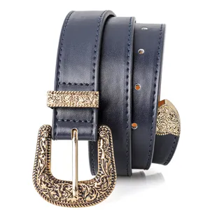 Vintage-style women's belt featuring an ornate engraved 3-piece buckle set in navy.
