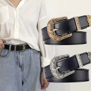Women Western Vintage PU Leather Belt Engraved Metal Pin Buckle Waist Strap For Dress Decoration Fashion Accessories