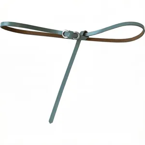 Macro view of sage green thin leather belt with a silver metal infinity buckle knot