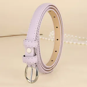 Detailed view of a lavender skinny leather belt with silver-tone buckle and stitching
