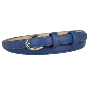 Vintage minimalist blue thin leather belt for women featuring a silver horseshoe buckle