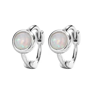 Minimalist silver hoop earrings with iridescent round fire opal stones for daily wear
