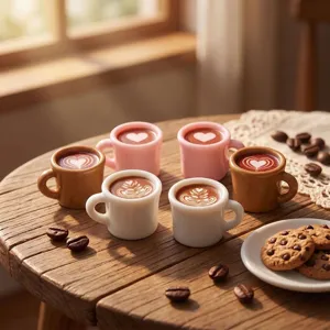 Detailed view of miniature resin coffee cup toy accessories with heart latte art on a wooden table