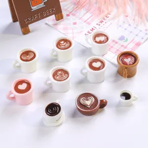 Miniature resin coffee cups with heart latte art designs for dollhouse and food play decor