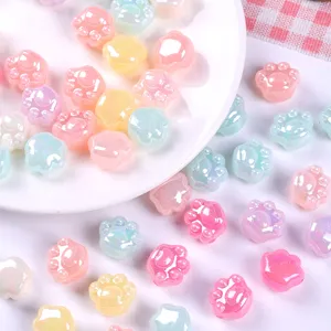 Detail view of colorful AB coated acrylic cat paw beads for DIY jewelry making