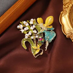 Vintage Enamel Fairy Brooch For Women Alloy Lily Of The Valley Pin With Artificial Pearl Rhinestone Cute Floral Clothing Jewelry Gift