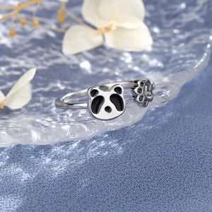 Cute panda open ring with paw print detail in polished silver finish