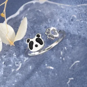 Cute panda and paw print adjustable open ring in silver finish with black enamel details