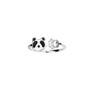 Adorable adjustable panda ring with paw print detail in polished silver finish
