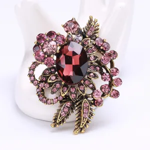 Elegant Medieval Vintage Flower Brooch For Women Alloy Inlaid Deep Blue Pink Rhinestone Crystal Badge Lapel Pin Jewelry Gift