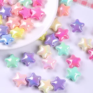 Close-up of colorful iridescent AB-plated star-shaped acrylic beads for DIY jewelry crafts