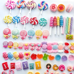 Detailed view of colorful resin candy flatback charms for DIY crafts and accessories