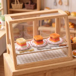 Close-up detail of miniature resin sandwiches displayed in a dollhouse wooden bakery case.